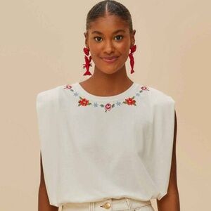 Farm Rio Off-White Cross Stitch Flowers T-Shirt